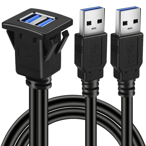 BATIGE Dual Ports Square USB 3.0 Panel Flush Mount Extension Cable for Car, Truck, Boat, 1ft