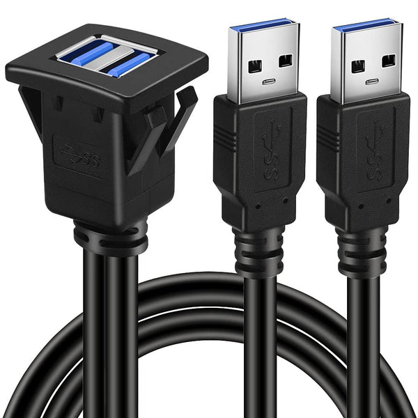 BATIGE Dual Ports Square USB 3.0 Panel Flush Mount Extension Cable for Car, Truck, Boat, 1ft
