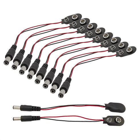 HiLetgo 10pcs 9V Battery Clips 9 Volt I-Type Snap-on Leather Battery Buckle Connector with DC 5.5x2.1mm Male Plug(I-Type with DC Plug)