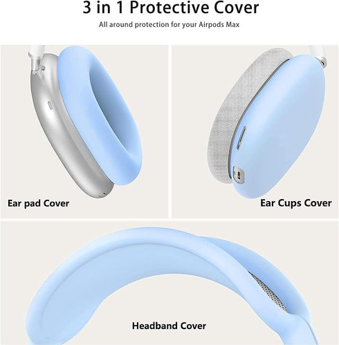 Sky Blue 3-in-1 Silicone Case Cover for Apple AirPods Max: Anti-Scratch Ear Pad, Ear Cups & Headband Protection.