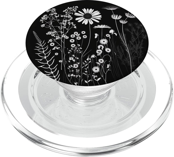 Wildflower Floral Design Feminine Black PopSockets MagSafe PopGrip for iPhone