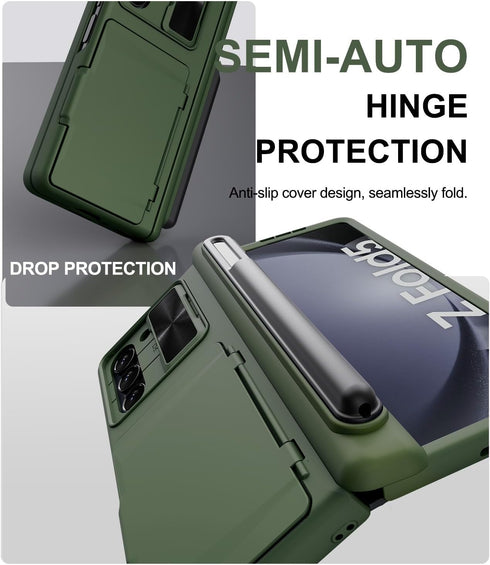 Wallet Case for Samsung Galaxy Z Fold 5 - Heavy Duty Rugged Phone Case with Screen Protector & Hinge Protection - Slide