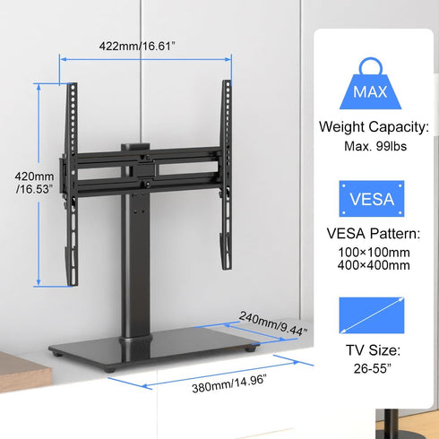 suptek Universal Swivel Table Top TV Stand for 26-55 inch LED OLED Flat Curved Screens, Height Adjustable with Glass