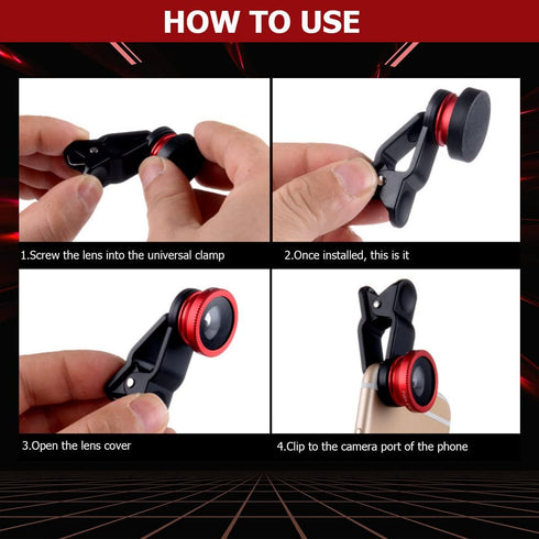 3 in 1 Phone Camera Lens Kit with Clip, Fisheye Lens, Wide Angle Lens, Macro Lens for Smartphones iPhone, Android (Red)