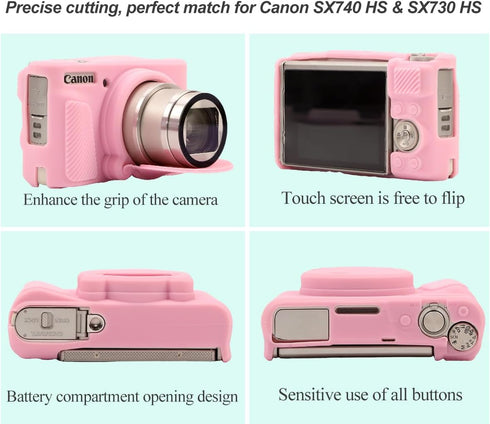 Pocoukate Case for Canon PowerShot SX740 HS Camera, Soft Silicone Protective Cover Skin with Removable Lens Cover - Pink