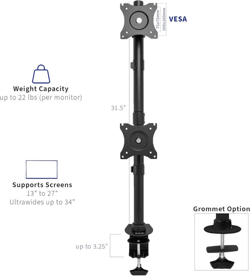 VIVO Dual Monitor Desk Mount Stand with Height Adjustment for 2 LCD Ultrawide Screens up to 34 inches, Stacked Array