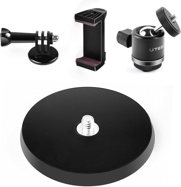 UTEBIT Magnetic Camera Mount Base Stand Kit 66mm, Magnet Tripod with 1/4 Screw Mini Ball Head, GoPro Adapter, Phone