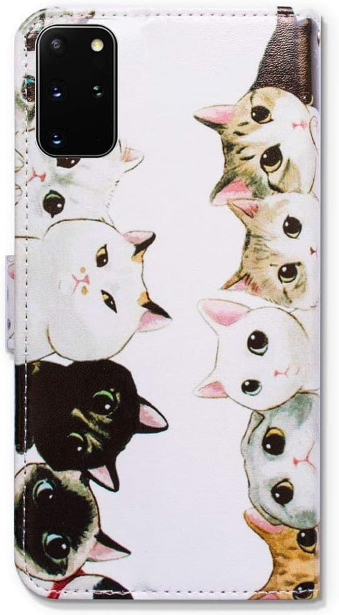 Case for Samsung S20 Plus - White Black Cute Cats Leather Flip Phone Case Wallet Cover with Card Slot Holder
