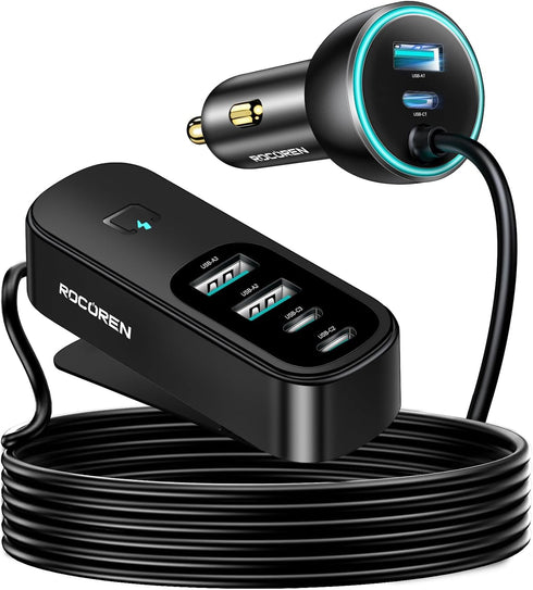 Rocoren 105W USB C Car Charger 6-Port for Family Travel, PD 35W & QC3.0 30W Super Fast Charging for Multiple Devices