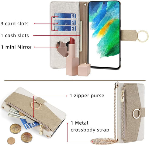 Asuwish Phone Case for Samsung Galaxy S21 FE 5G Wallet Cover with Screen Protector and Mirror Flip Cover Ring Card Holder Crossbody Strap Stand Cell S 21 EF S21FE5G UW S21FE 21S G5 6.4 inch White