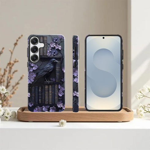 TnXee S25 2 1 Case for Samsung Galaxy Plus,Purple Floral Crow Bookshelf Phone Case Drop Resistant Glossy in Solid