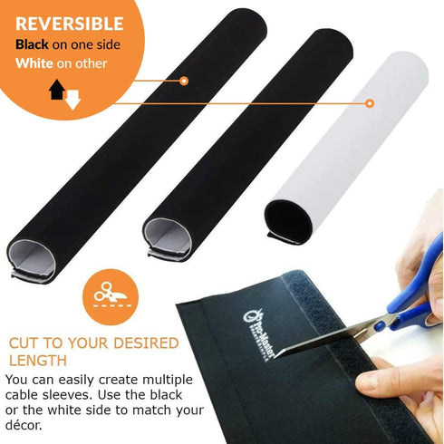 Premium 63'' Cable Management Sleeve, Adjustable Reversible Black and White Neoprene Cord Hider for TV, Desk, Home