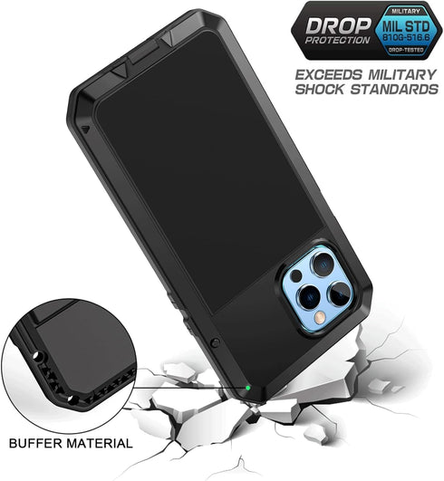 Lanhiem Metal Case for iPhone 13 Pro - Heavy Duty Shockproof Rugged Cover with Built-in Glass Screen Protector
