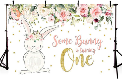 MEHOFOTO 8x6ft Bunny Girl One Birthday Party Backdrop - Spring Pink Floral Glitter Gold Rabbit Photography Background
