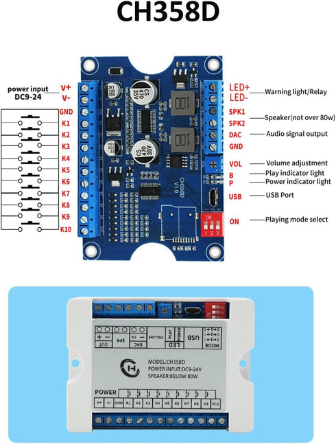 JRGKJCP 80W Module,CH358D 8MB 9-24V Download,MP3 Decoding,10-Way One-to-One,8 Vocie Playback Low Lever Trigger DC Sound