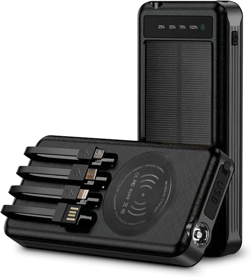 Outdoor Solar Portable Power Bank with Wireless Charging, 10000mAh Battery, IP65 Waterproof