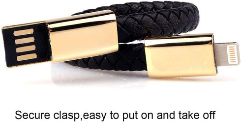 USB Leather Charging Bracelets - Portable Braided Wrist Band Data Charger Cord for iPhone (Gold Metal + Black Leather)