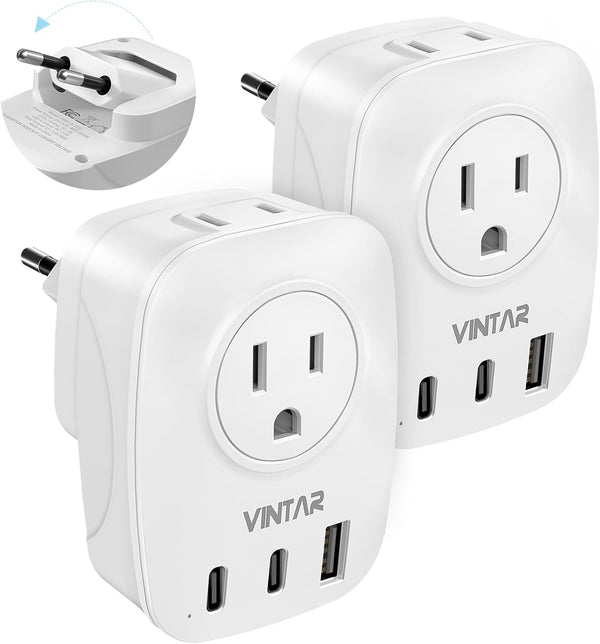 VINTAR European Travel Plug Adapter, Foldable International Power Plug with 2 AC Outlets 3 USB Ports for US to Europe
