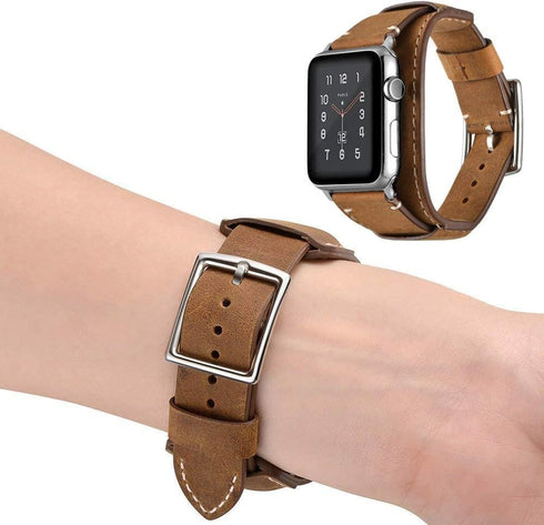 Compatible Apple Watch Band, Genuine Leather Bracelet Wrist Strap for 49mm, 46mm, 45mm, 44mm, 42mm (Cuff Brown)