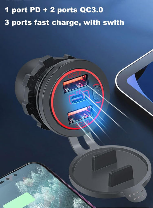 3 Ports 18W USB Car Charger with Switch - 12-24V Dual QC 3.0 USB & PD USB C Cigarette Lighter Socket, Dashboard Mount