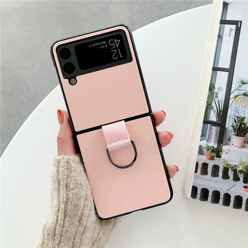 Lunivop Ultra Slim Case for Samsung Galaxy Z Flip 3 5G, Hard Plastic PU Leather Shockproof Cover with Metal Ring - Pink