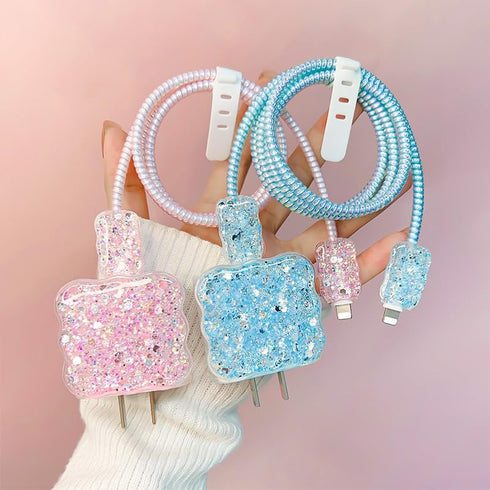 Cute Cable Protector, Bling Glitter Waves Edge Design for iPhone Charger, Luxury Soft Data Line Cover (Blue)