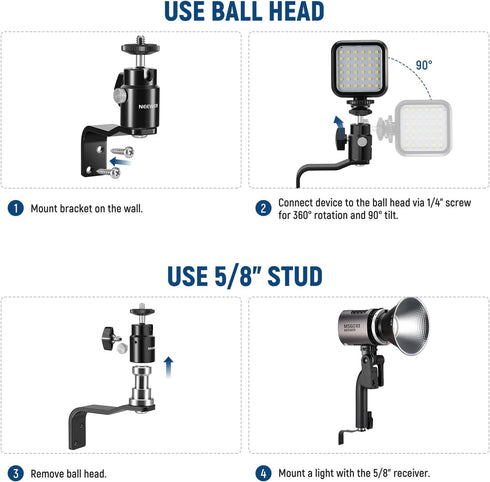 NEEWER 2 Pack E Type Wall Ceiling Mount, Ring Light Wall Mount Bracket with Detachable Ball Head