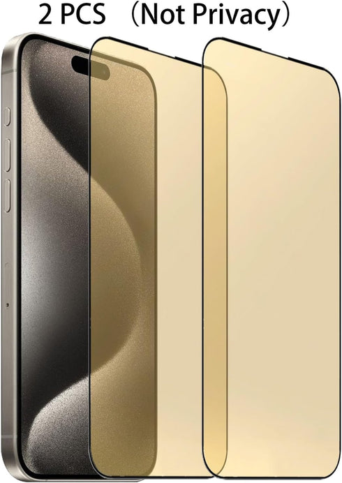 2 Pack Gold Anti-Blue Tempered Glass Screen Protector for iPhone 15 Pro Max, 6.7", 9H Hardness, Full Coverage.