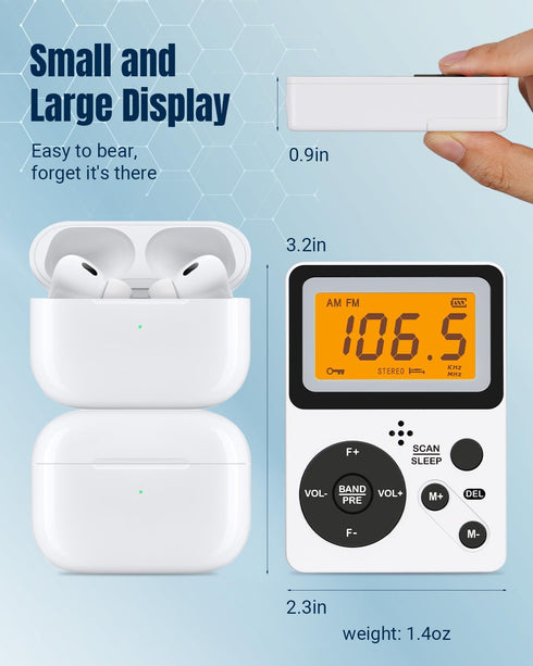 PRUNUS Pocket AM FM Radio Portable with Stereo Earphone, Battery Operated by 2 AAA, Digital Radio J-159 (No Speaker)