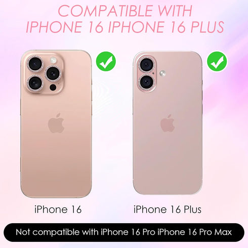 EBQOSK 1 Pack 16/16 9H Camera Lens Protector for Iphone Plus, Pink Bling Diamond Rings High Tempered Glass Camera Lens