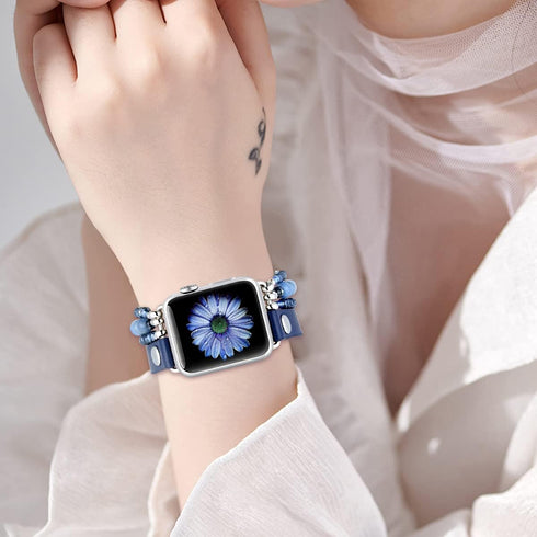 fastgo Leather Bracelet Band Compatible with Apple Watch 38mm 40mm 41mm, Dressy Elastic Beaded Jewelry Strap (Blue)