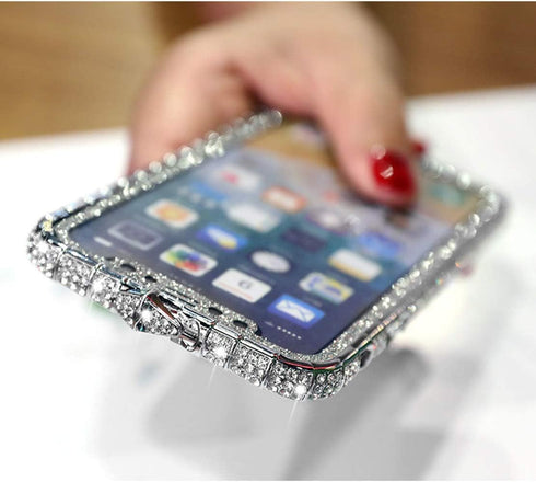 Fusicase for iPhone XR Diamond Case - Glitter Sticker Bling Rhinestone Crystal Metal Bumper Frame, Silver