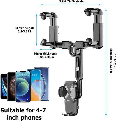 Car Rear View Mirror Phone Holder, 360° Rotatable&Retractable Auto Rearview Clip Mobile Mount Holder, Multifuctional GPS Holder with Anti-Shake Design, Universal for All Phone&Cars (Black) by BESULEN
