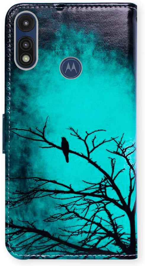 Case for Moto E 2020/Motorola E, Black Bird Green Leather Flip Wallet Cover with Card Slot Holder Kickstand