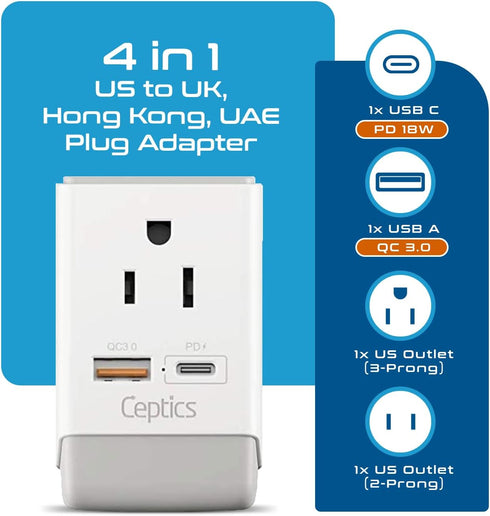 Ceptics UK Ireland Hong Kong Plug Adapter, International Power Plug with USB & USB-C for Fast Charging