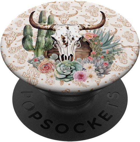 Western Boho Chic Longhorn Bull Skull Cactus Pattern PopSockets Standard PopGrip