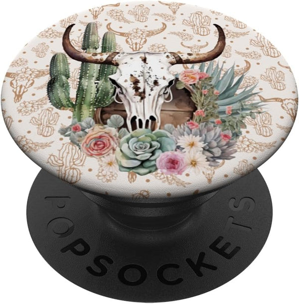 Western Boho Chic Longhorn Bull Skull Cactus Pattern PopSockets Standard PopGrip