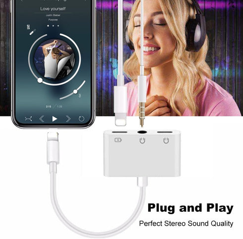 3 in 1 Lightning to Headphone Adapter for iPhone 13/12/11/SE/XS/XR/X/8/7 & iPad - 3.5mm Jack & Charging Splitter