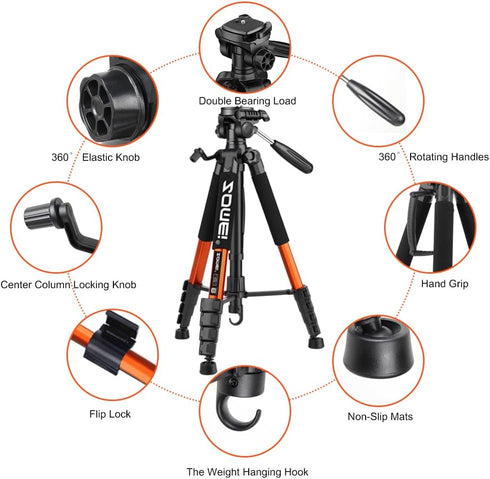 Tripod Camera Tripods, 74" Heavy Duty Tall Stand with Phone Holder, Compatible with DSLR, Cell Phones, Projector