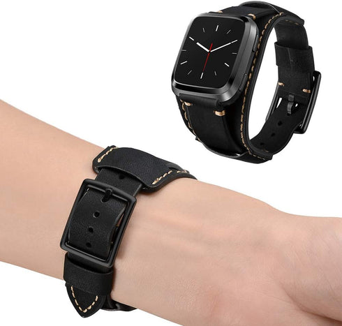 Genuine Leather Cuff Bracelet Replacement Strap for Fitbit Versa Bands - Stainless Steel Buckle for Men Women (Black)
