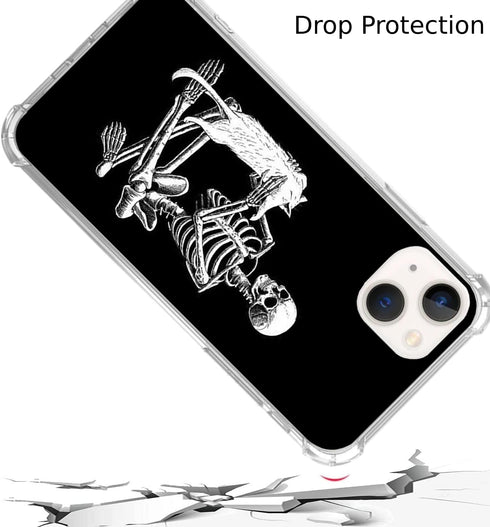 Black Skull White Cat Phone Case for iPhone 14, Unique Trendy TPU Bumper Cover for Girls Boys Women Men