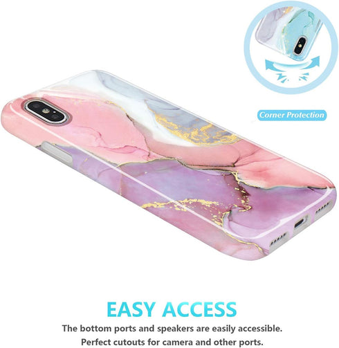 JIAXIUFEN Compatible iPhone X iPhone Xs Case, Gold Sparkle Glitter Marble Slim Shockproof TPU Cover, Pink Purple.