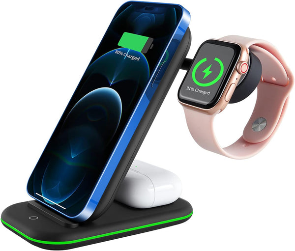 Wireless Charger, 3 in 1 Charging Stand for iPhone, iWatch, Airpods - Black