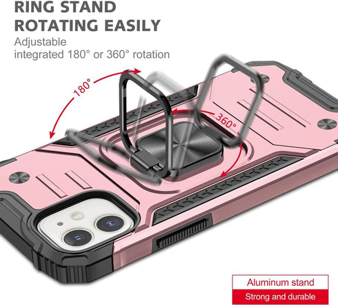 HNHYGETE iPhone 12/12 Pro Case with Screen Protector, Heavy Duty Military Grade 360° Rotatable Kickstand, Rose Gold
