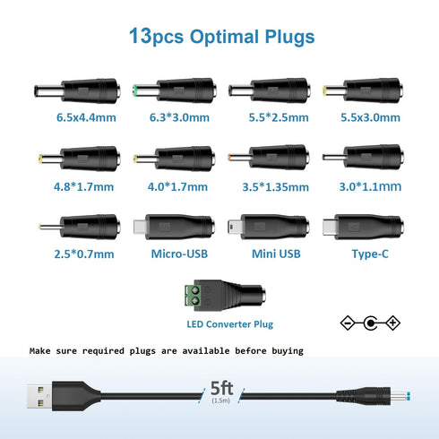 Powseed 5V Universal DC Power Cable, USB to DC Charging Cord with 13pcs Adapter Plugs for Webcam, Router, Power Bank,