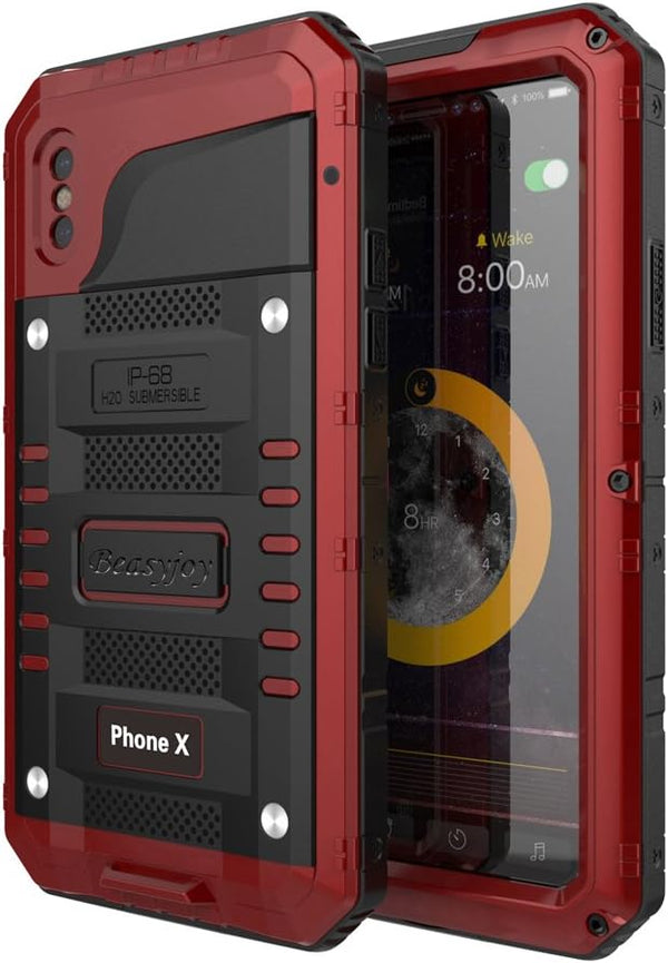 Beasyjoy Heavy Duty Aluminum Case for iPhone X iPhone 10, Waterproof with Screen Protector, Shockproof, Red