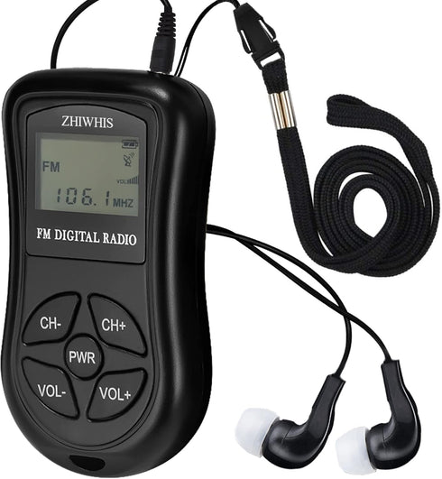 ZHIWHIS Mini Portable FM Radio, Stereo LCD Digital Display Pocket Walkmen Receiver with Earphone, AAA Battery Operated