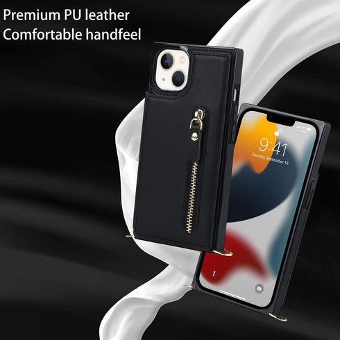 iPhone 13 Crossbody Phone Case - Black Leather Wallet with Card Holders, Adjustable Strap, Protective Design, 6.1 inch.