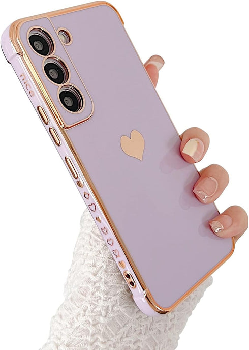 phylla Samsung Galaxy S21 FE 6.4” 5G Phone Case, Luxury Plating Cute Love Heart Pattern, Purple