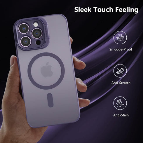 Magnetic Case for iPhone 14 Pro with KickStand, Camera Guard, Military Grade Drop Tested, Translucent Matte Purple